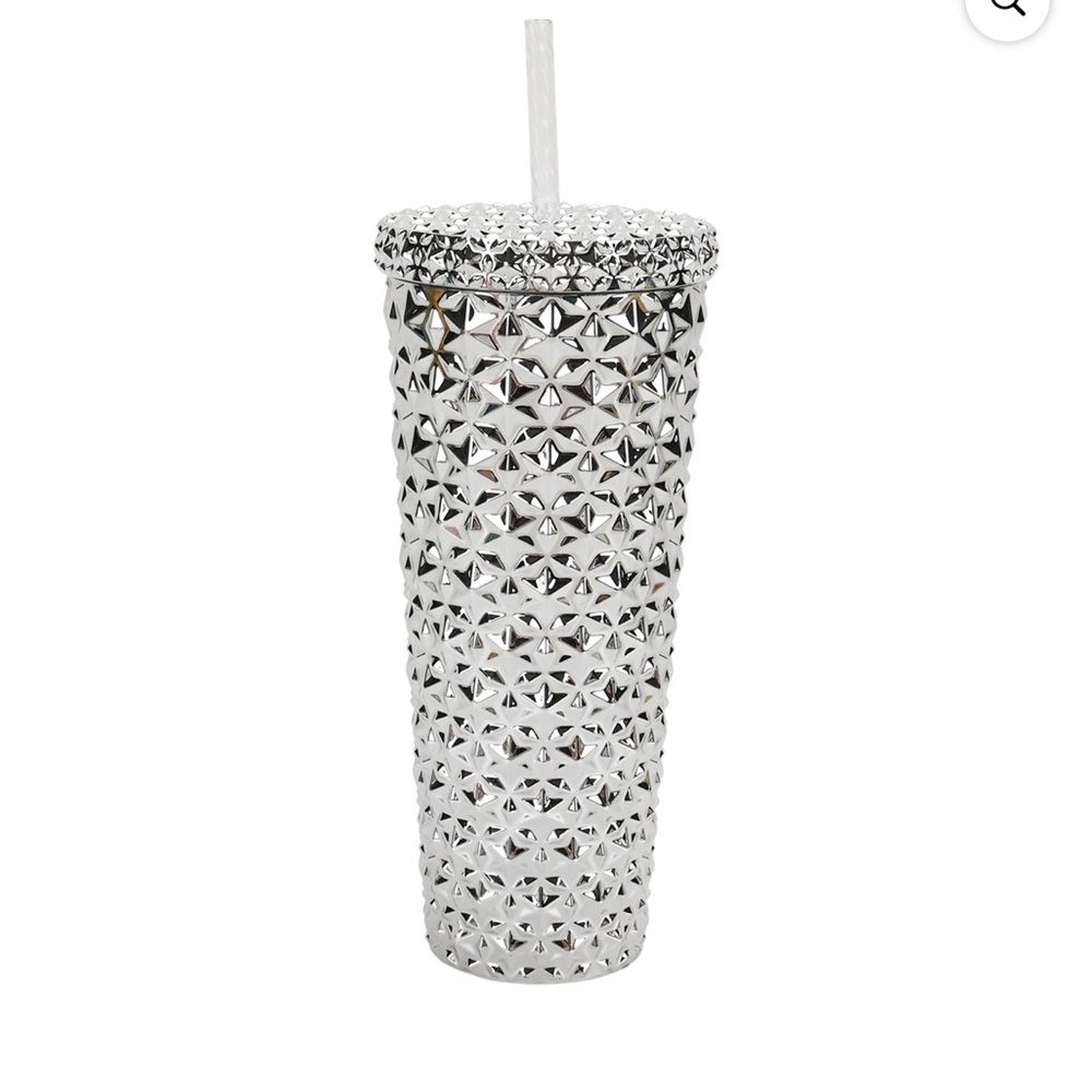 Plastic Double Wall Insulated Textured Tumbler with Straw, Silver Metall… - Picture 2 of 3